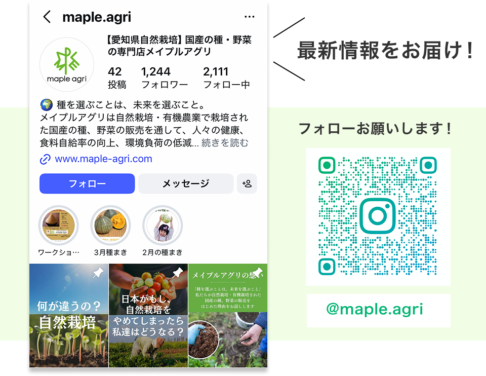 Instagramで最新情報をお届け！フォローお願いします！@maple.agri